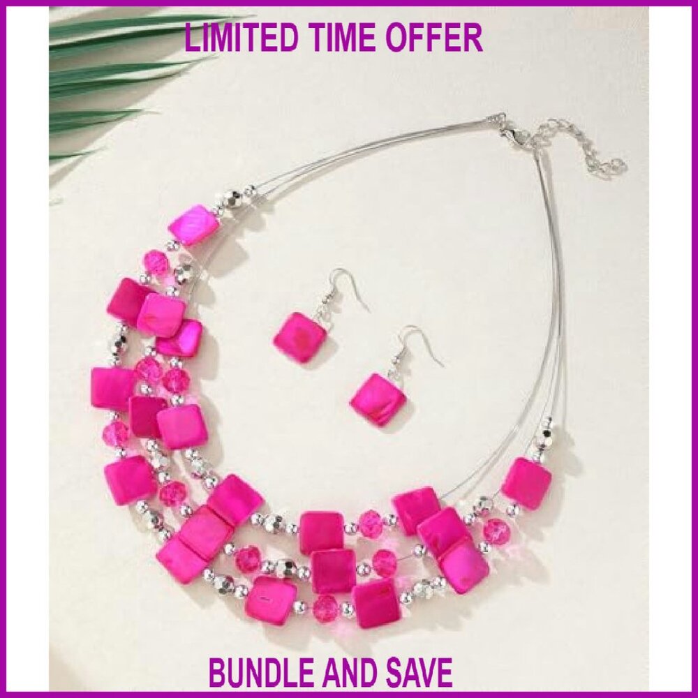 Shell Bead Statement Necklace Earring Set Triple … - image 3